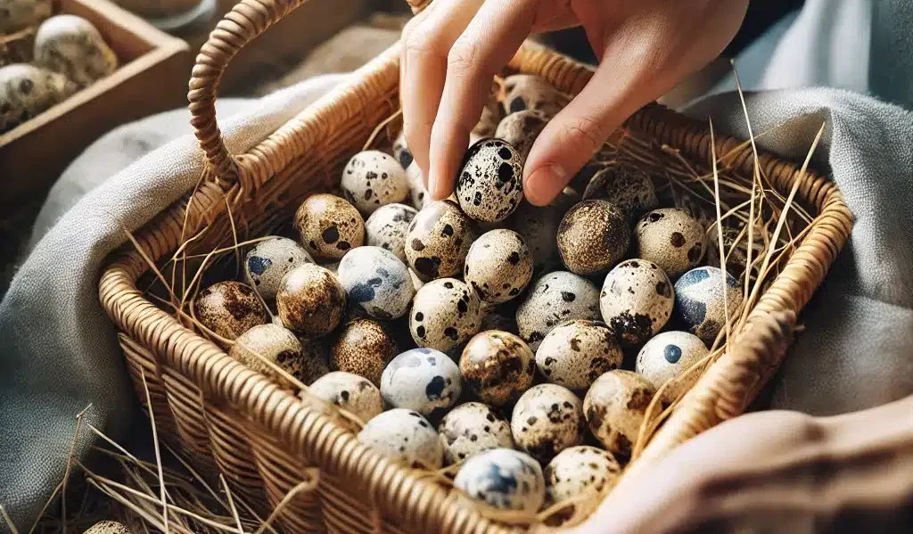 an image of quail eggs collected in a basket